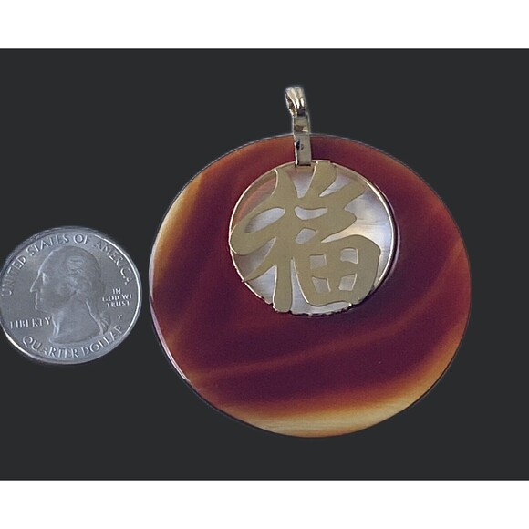 Vintage Retro Amber Resin Blessing Chinese Fu Symbol Circle Pendant 14K Gold - Picture 8 of 13
